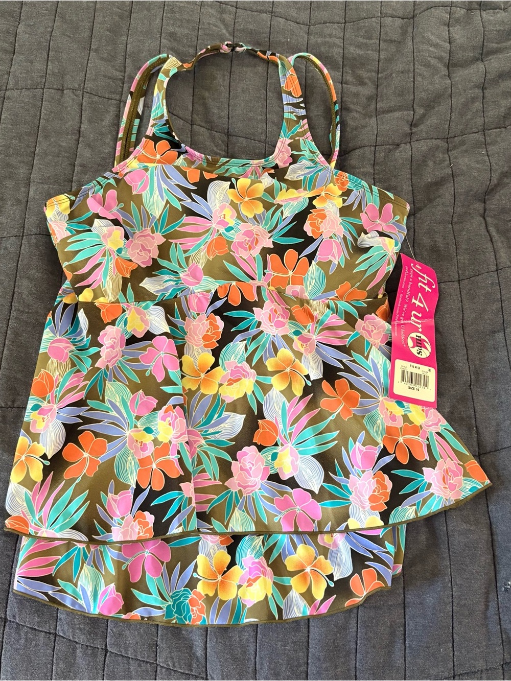 Fit 4 Ur Hips NWT Topaz Floral Colorful Layered Slimming Tankini Top; 16